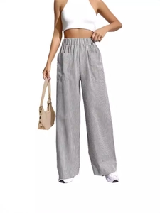 Women's summer retro striped wide-leg pants with high elastic waist and large front pockets
