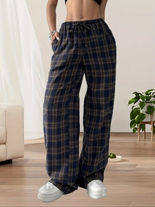 Women's high waist plaid wide-leg pants in navy blue with elastic drawstring waist