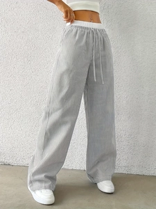 Pantalon large à taille haute pour femme avec rayures verticales et cordon de serrage