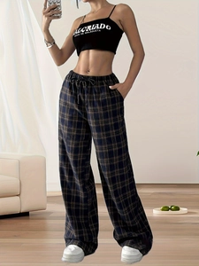 Women high waist plaid wide leg trousers with drawstring in dark blue tartan pattern