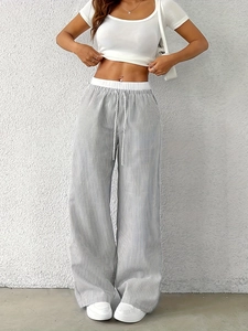 Pantalon Décontracté à Rayures pour Femmes Jambe Droite Taille Élastique à Cordon Coupe Ample Mélange de Coton Vacances d'Été