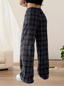 Women High Waist Plaid Wide Leg Pants Casual Drawstring Straight Trousers Autumn Winter Loose Streetwear Plaid Pants