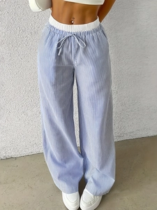 Pantalons Décontractés à Rayures Jambes Larges pour Femmes Taille Haute Cordon de Serrage Mode Été Pantalons de Plage