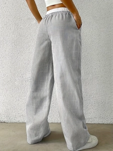 Pantalon rayé à taille haute et jambes larges pour femme avec ceinture élastique confortable