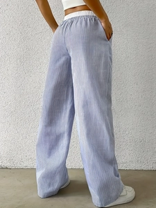 Pantalon d'été à rayures bleues et blanches pour femmes, taille haute et coupe large