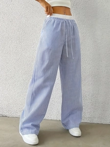 Pantalon large à rayures verticales bleues et blanches pour femmes avec cordon de serrage