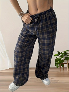 Women's high waist plaid wide-leg pants in blue and brown with drawstring waist