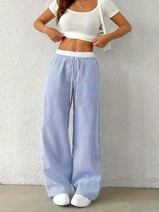 Pantalon décontracté large pour femme à rayures bleues et blanches avec cordon serrage