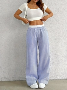 Pantalon large à rayures bleues pour femme avec taille haute élastique et cordon blanc