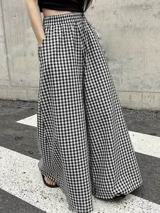 Pantalon vichy noir et blanc à taille haute et jambes larges pour femme en tissu léger