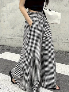Pantalon Large Décontracté à Carreaux Vichy pour Femmes Taille Haute Élastique Droit Ample Amincissant Streetwear