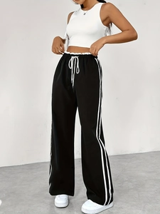 Pantalon de Sport Large Femme Bandes Latérales Cordon de Serrage Taille Élastique Pantalon Droit Mode Streetwear