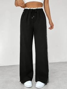 Pantalon de sport noir pour femme à jambes larges, rayures blanches et taille élastique