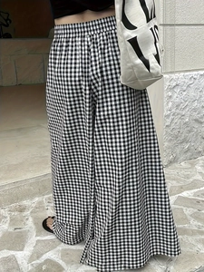Pantalon large à carreaux vichy noir et blanc à taille haute pour femme en tissu léger d'été