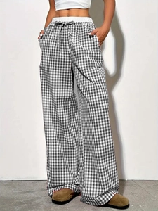 Women Casual Cotton Blend Wide Leg Pants Striped Gingham High Waist Drawstring Loose Trousers Soft Autumn Long Bottoms