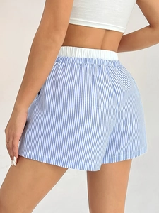 Women's summer high waisted wide leg shorts in blue and white stripes with elastic waist