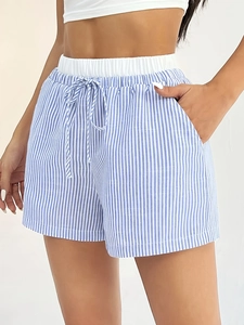 Blue and white vertical striped casual shorts with elastic high waist and drawstring