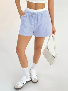 Women high waist summer shorts with blue white stripes and adjustable drawstring waist