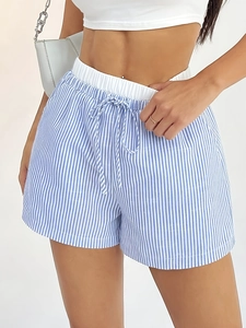 Women's High Waist Striped Shorts Casual Wide Leg A-Line Shorts With Drawstring Elastic Waistband Summer Beach Streetwear