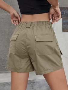Army green women's high-waist cargo shorts with elastic waistband and large back pockets