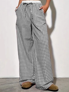 Chic black and white gingham wide-leg trousers with elastic drawstring waist for women