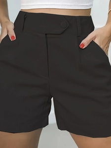 Women's high waist black casual wide leg shorts with decorative asymmetrical waist flap