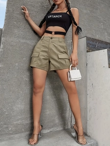 Women's summer cargo shorts in olive green with high waist design and large side pockets