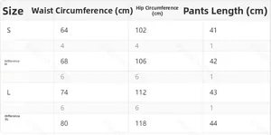 Detailed size chart for women's high waist wide leg shorts showing S to XL measurements