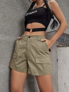 Women's two-piece set featuring black halter crop top and olive green cargo shorts
