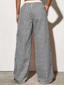 Striped wide leg pants with high elastic waist and side red contrast stripes back view