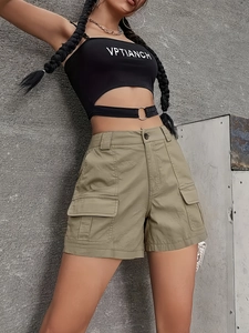 Women High Waist Cargo Shorts With Multi Pockets Summer Loose Straight Leg Polyester Casual Streetwear Bottoms For Lady