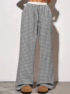 Women's chic black and white gingham wide leg lounge pants with elastic waist