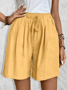 Yellow high waist casual shorts for women with elastic drawstring waist and side pockets