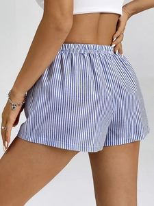 Women's blue and white vertical striped casual shorts with elastic waistband for summer