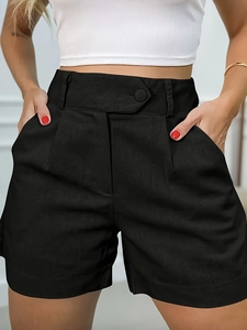 Women high waist loose black linen shorts with casual wide leg and button closure