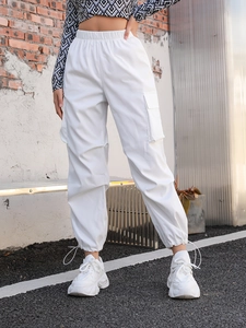 Pantalon Cargo à Taille Haute pour Femmes Multi-Poches Coupe Ample Jogging Couleur Unie Streetwear Casual Street Hipster