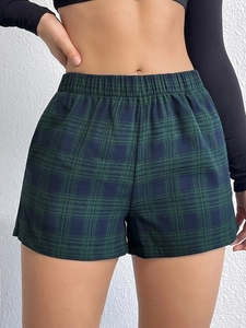 Pantaloncini donna a vita alta gamba larga con motivo a quadri verde scuro ed elastico