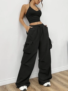 Damen Casual Hohe Taille Cargo Hose Und Halter Crop Top Streetwear Weites Bein Kordelzug Hose Outfits Für Frauen