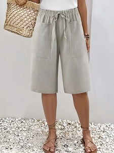 Women High Waisted Casual Shorts Loose Straight Bermudas Pockets Elastic Drawstring Summer Vintage Textured Polyester Bottoms