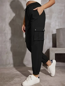 Women's high waist black cargo jogger pants with side pockets and elastic drawstring