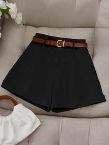 Women's High Waist A-Line Suit Shorts Elegant Wide Leg Casual Hot Pants With Belt Streetwear Daily Fashion Bottoms