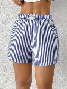 Women's blue and white vertical striped casual shorts with Las Vegas waist label