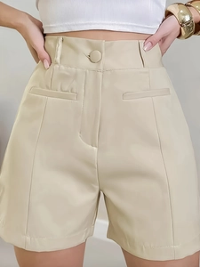 Women's High Waisted Wide Leg Suit Shorts Sexy Summer Polyester Straight Leg Casual Trousers With Pockets Apricot Style