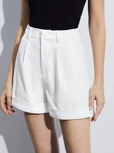 Women's high waist white pleat shorts with cuffed hem and stylish wide belt loops