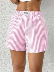 Short rayé rose à taille haute pour femme avec patch Las Vegas et ceinture élastique