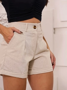 Chic beige high-waisted linen shorts with amber button and pleated rolled hem details
