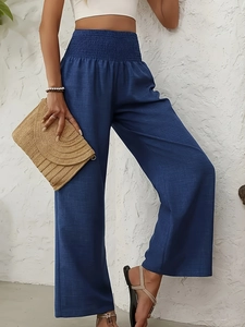 Dunkelblaue Leinenhose mit hoher Taille, gerafftem Bund und weitem Bein für Damen
