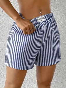 Women Summer Vertical Striped Casual Shorts Elastic High Waist Straight Leg Pants Fashion Beach Vacation Bottoms