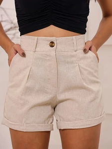 High-waisted beige linen-style shorts with pleated waist and cuffed hems for women