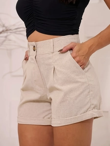 Women High Waist Casual Shorts Beige Pleated Cuffed Hem Pockets Breathable Summer Street Style Fashion Polyester Shorts